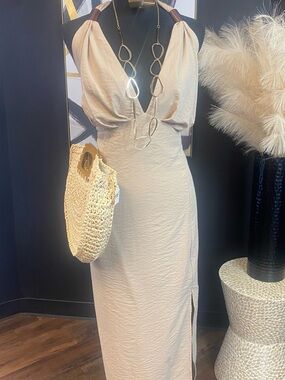 Sleeveless Beige Halter Midi Dress